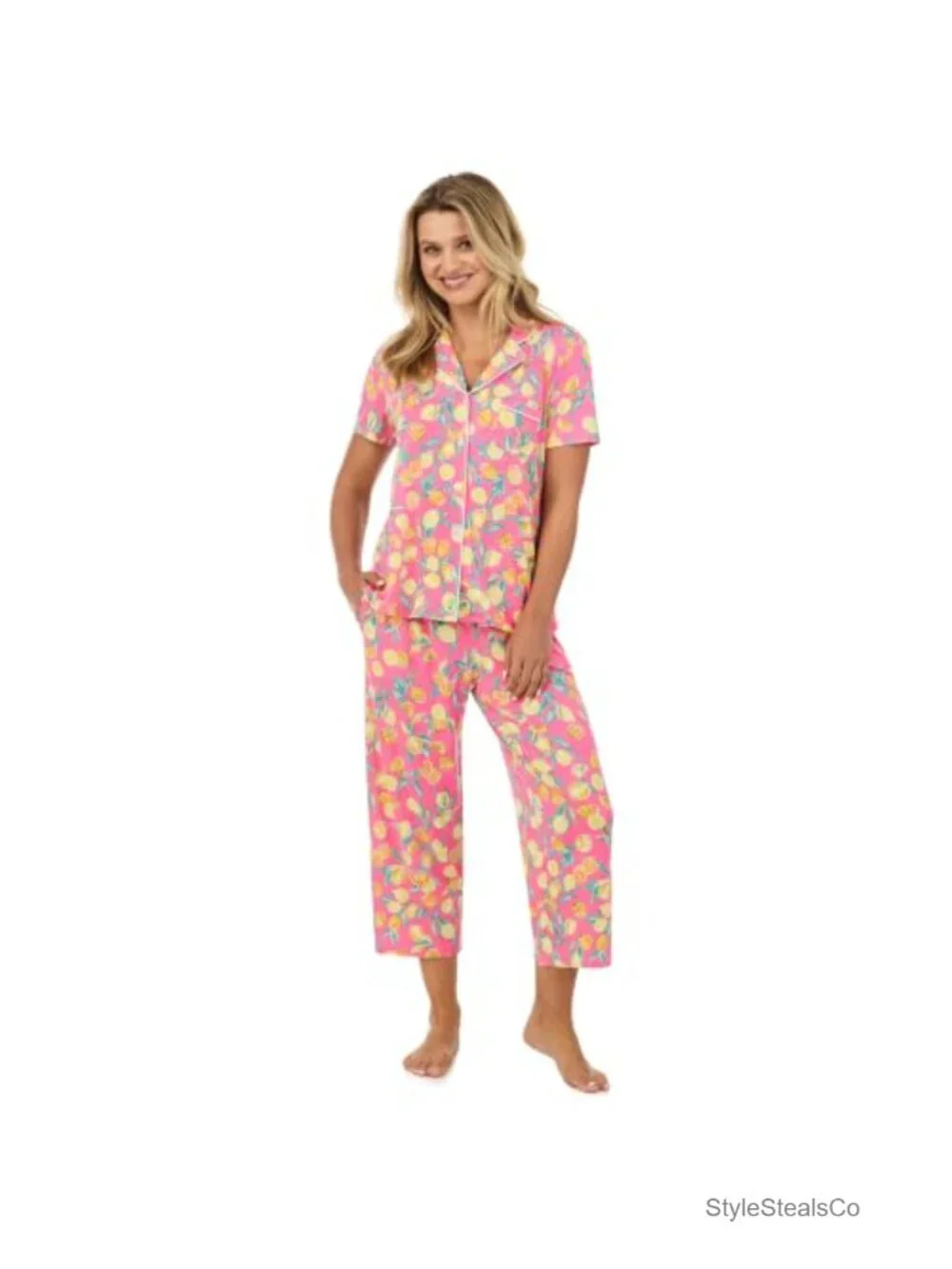 Short Sleeve Capri Pajama Set Women Notch Collar Pockets Relaxed Fit